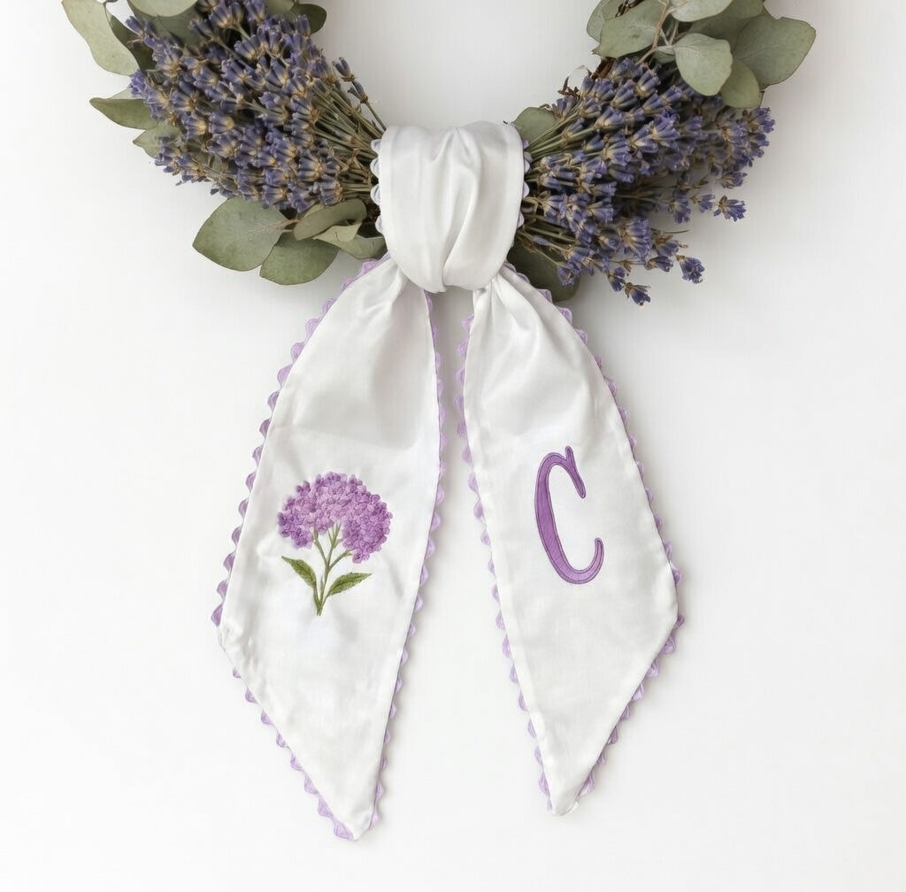 Personalized Hydrangea Wreath Sash 54x5, Embroidered Purple Hydrangea Wreath Sash Bow, Monogram Door Decor, Spring Front Door Bow, Embroidered Holiday Sash