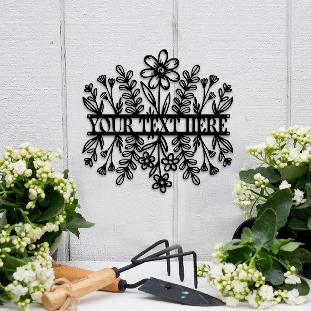 MeMate Flowers Garden Sign, Custom Name Sign Metal for Flowers Lovers, Garden Sign to Personalize, Flowers Art Decorations, Personalized Flowers Sign, 8-24 inches Large Metal Sign, Housewarming Gifts