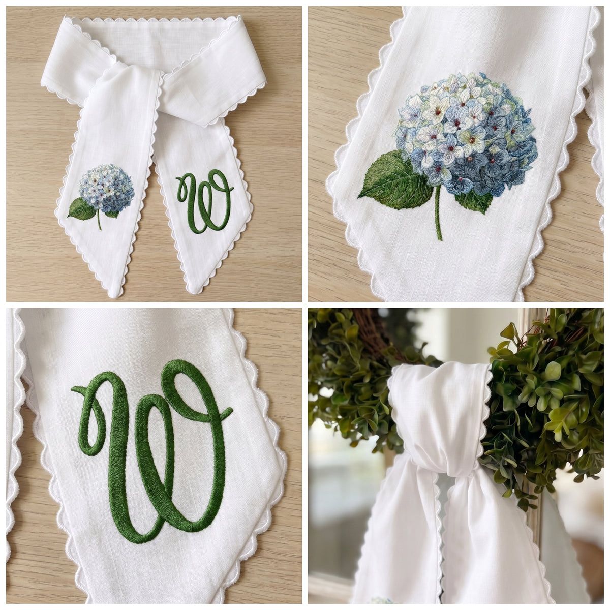 Embroidered Hydrangea Monogram Wreath Sash for Front Door, Flowers Personalized Initial Name, Monogramed Embroidered Ribbon with Adjustable Bow Knot Farmhouse Door Wreath Decor, Gift for Family Friends