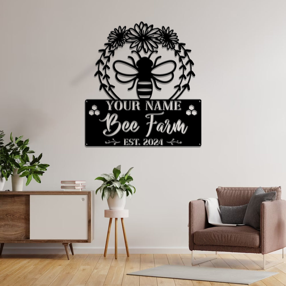 MeMate Garden Sign to Personalize, Bee Farm Flowers Sign, Custom Name Sign Metal for Bee Lovers, Bee Garden Art Decorations, Personalized Bee Sign, 8-24 inches Large Metal Sign, Gift for Beekeeper
