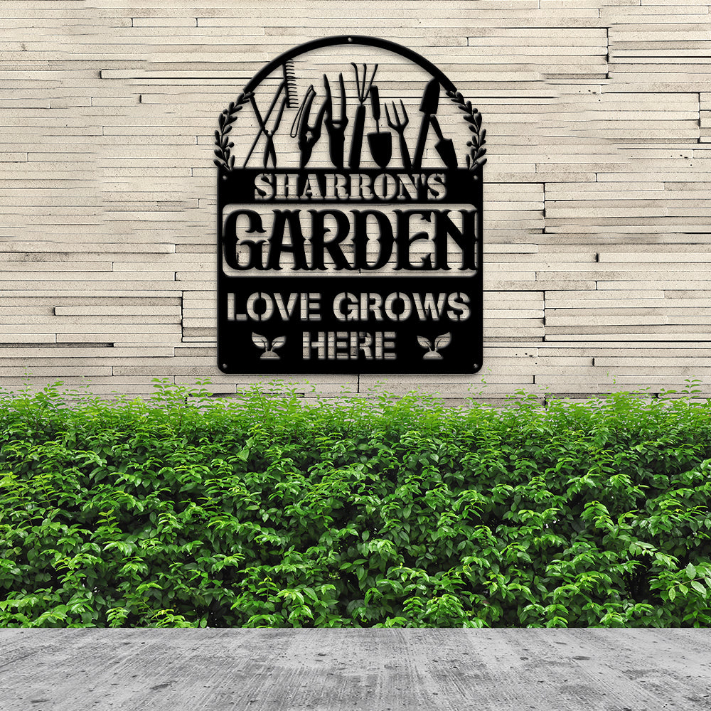 MeMate Garden Sign Outdoor Decor Love Grows Here, Personalized Metal Sign for Backyard, Patio, Garden Porch, Deck, Large Metal Sign