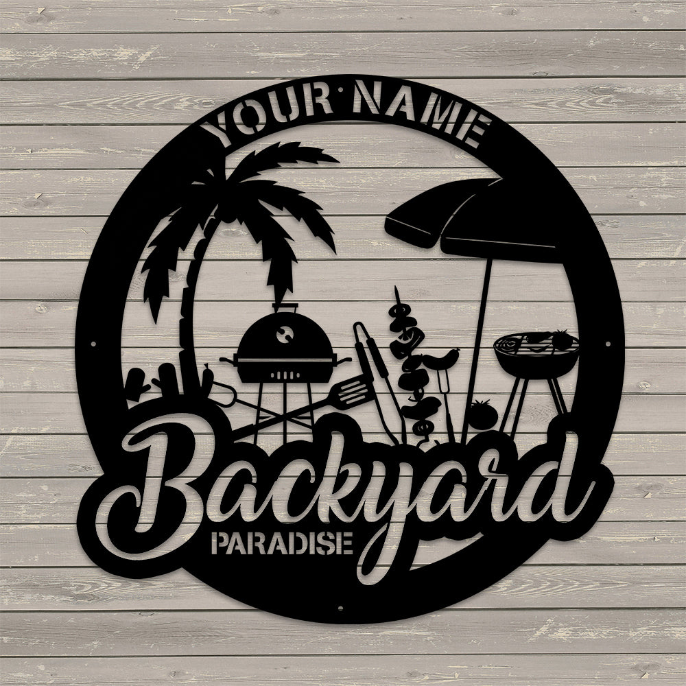 MeMate Metal Backyard Paradise Sign to Personalize, Personalized Backyard Metal Signs Kitchen Decor, Custom Name Outdoor Plaques
