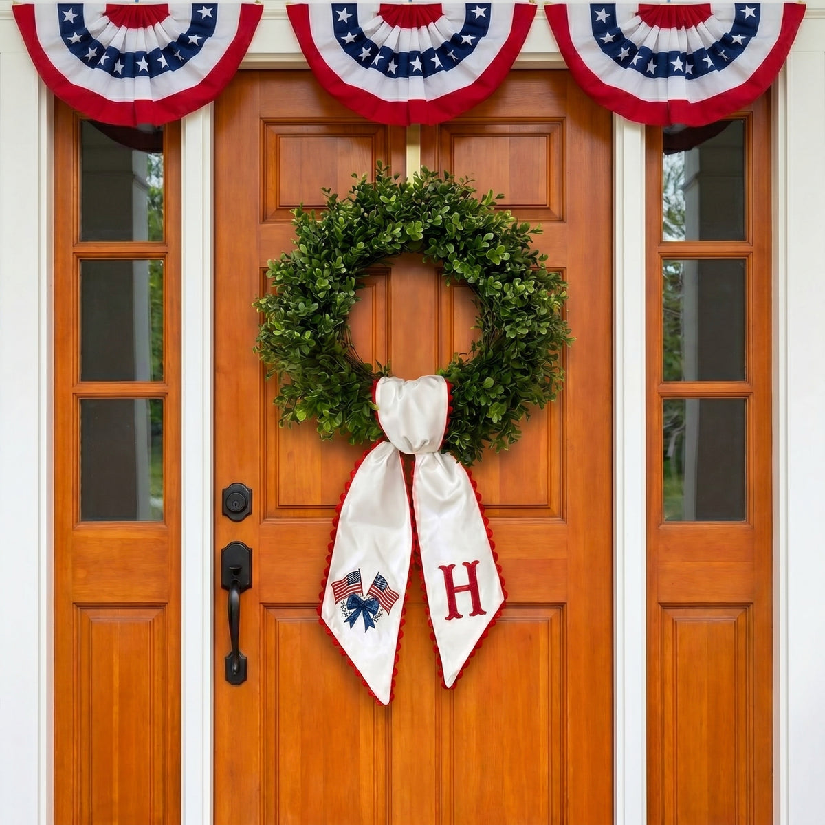 Personalized American Flag Bow Wreath Sash 54x5, Custom Monogram Embroidered American Flag with Bow, Monogram Door Bow, 4th of July Anniversary Decor
