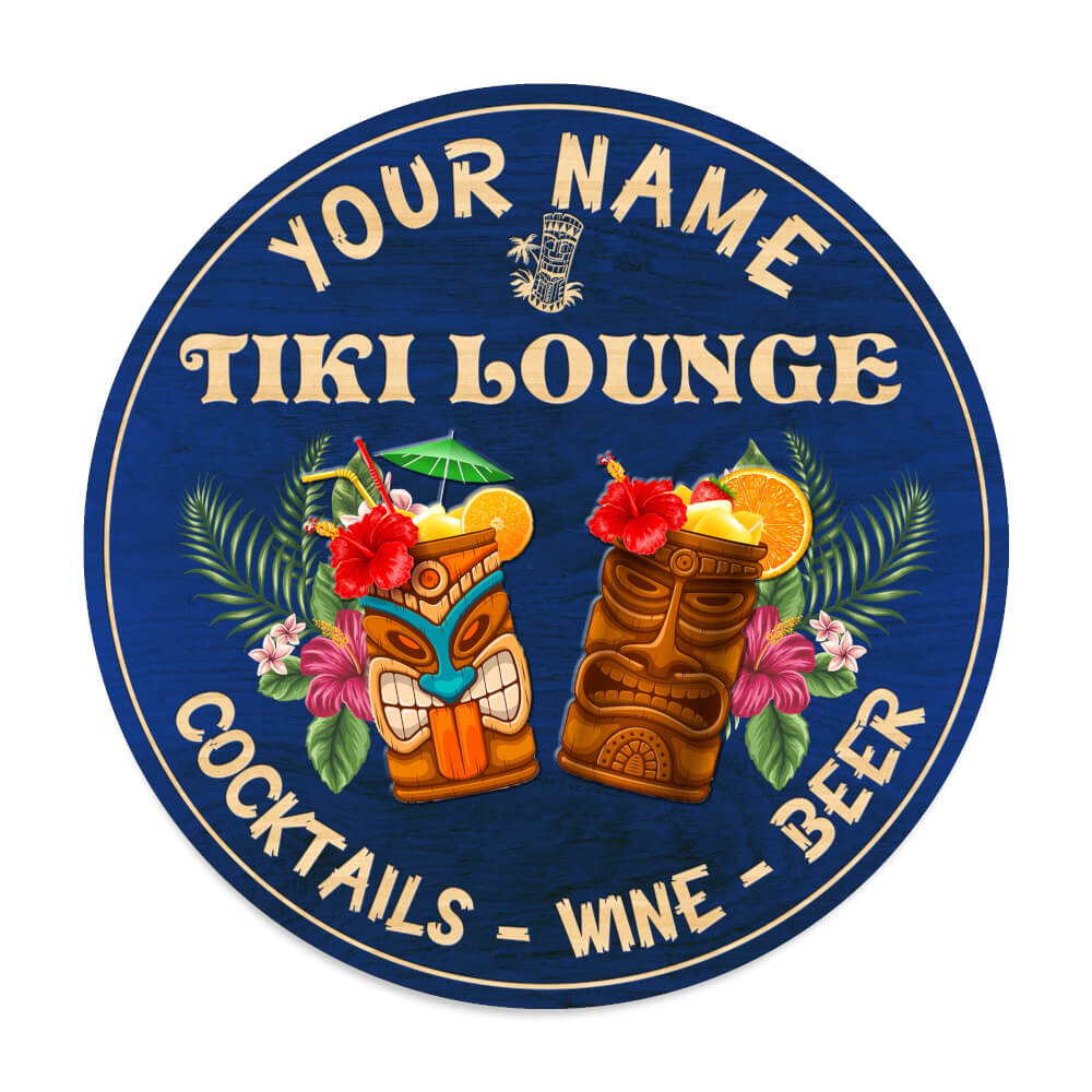 MeMate Custom Tiki Bar Sign - Personalized Wooden Name Sign for Backyard, Patio, Tiki Lounge, Beach, Party Decors - Rustic Round Printed Wood Signs Wall Hanging Decorative