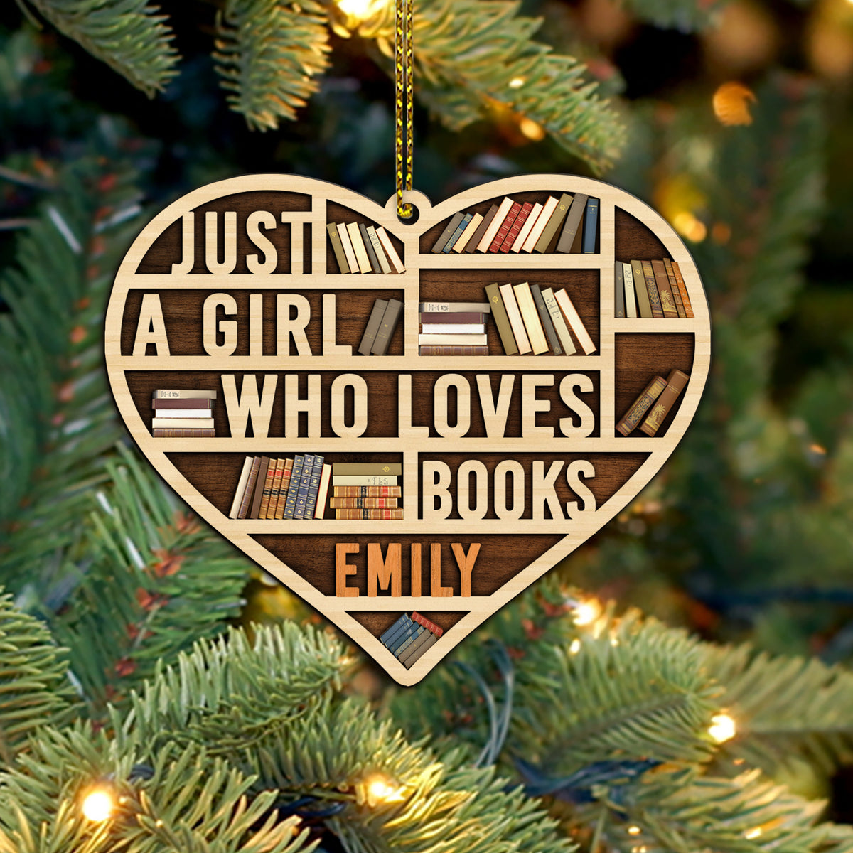 MeMate Book Lovers Heart Ornament, Personalized Christmas Book Ornament, Custom Name 3D Wooden 2 Layers Booklovers Ornament, Just a Girl Who Loves Books Christmas Keepsake, Book Club Decoration