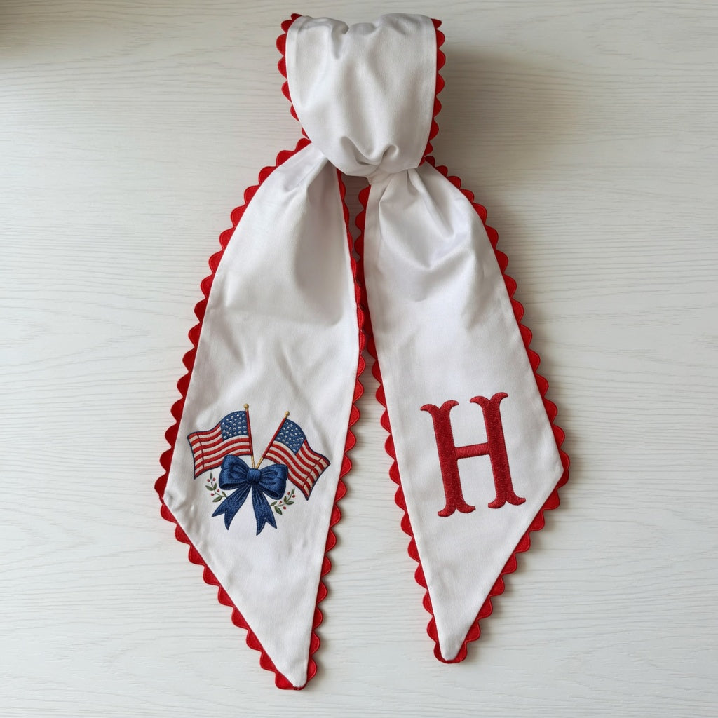 Personalized American Flag Bow Wreath Sash 54x5, Custom Monogram Embroidered American Flag with Bow, Monogram Door Bow, 4th of July Anniversary Decor