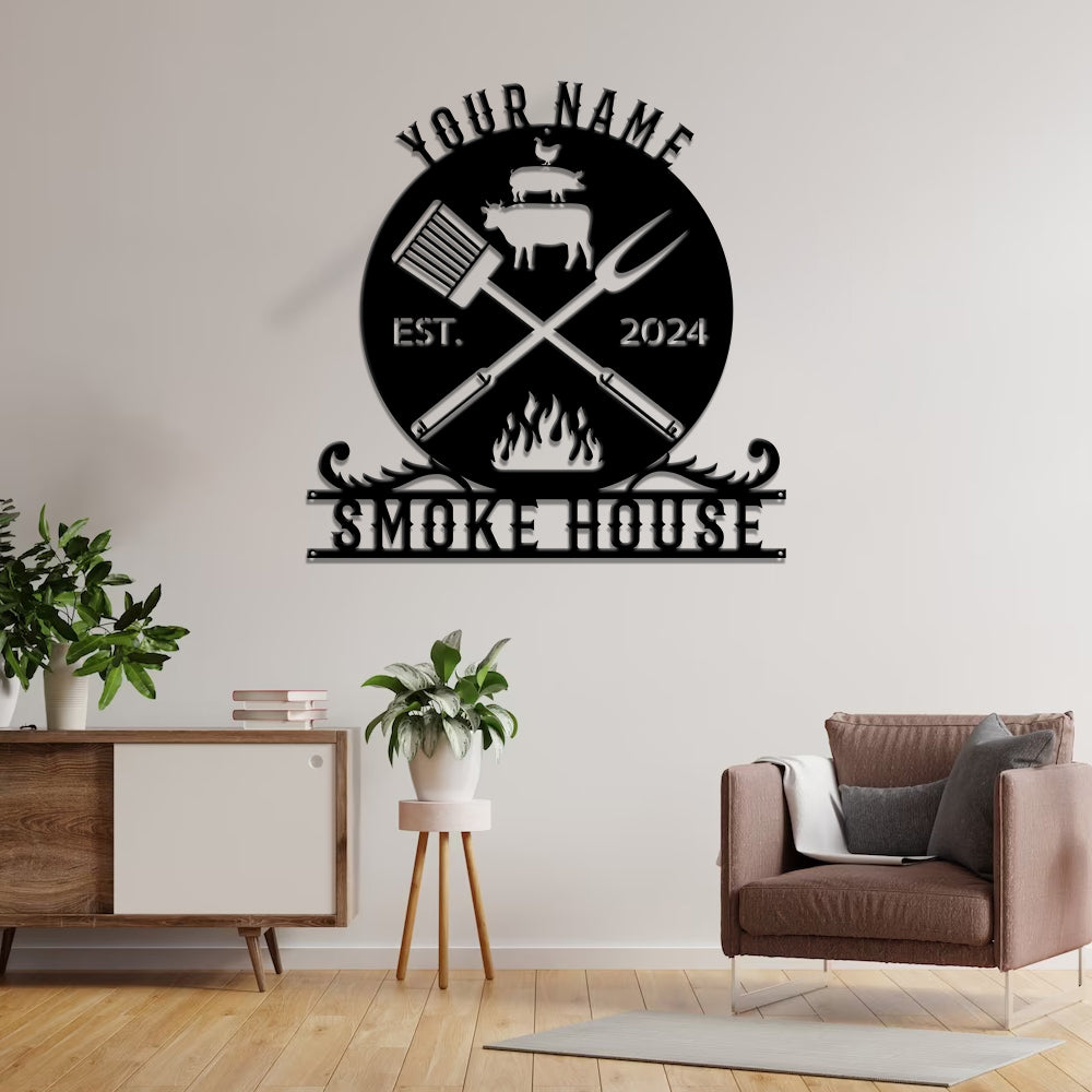 MeMate Smoke House Sign for Patio Decoration, BBQ Zone Patio Sign, Outdoor Decor, Personalized Metal BBQ Sign for Backyard, Custom Name Signs for Backyard, Large Metal Sign for Outside, Housewarming Gifts