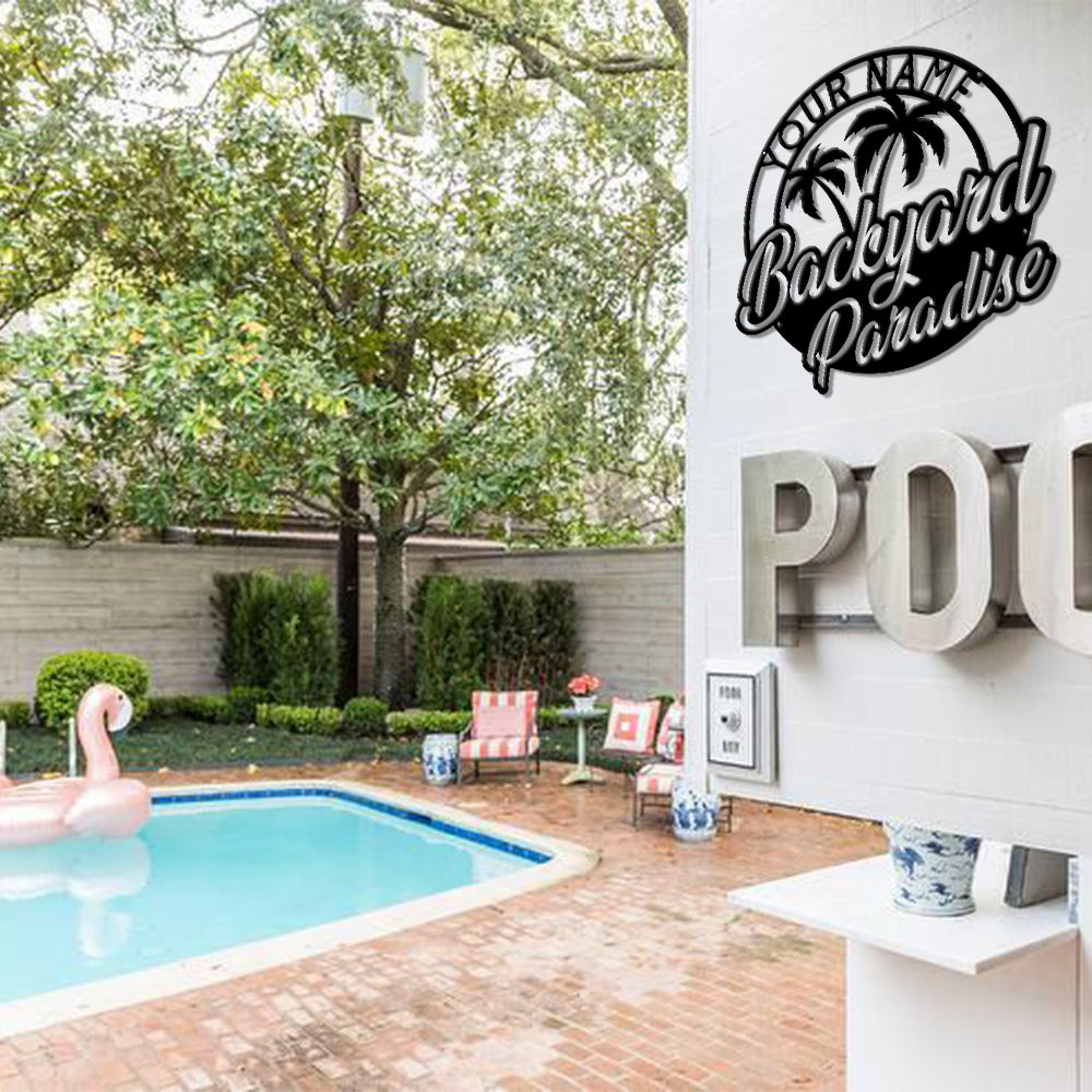 MeMate Metal Backyard Paradise Sign, Personalized Backyard Metal Signs Kitchen Decor, Custom Name Outdoor Plaques