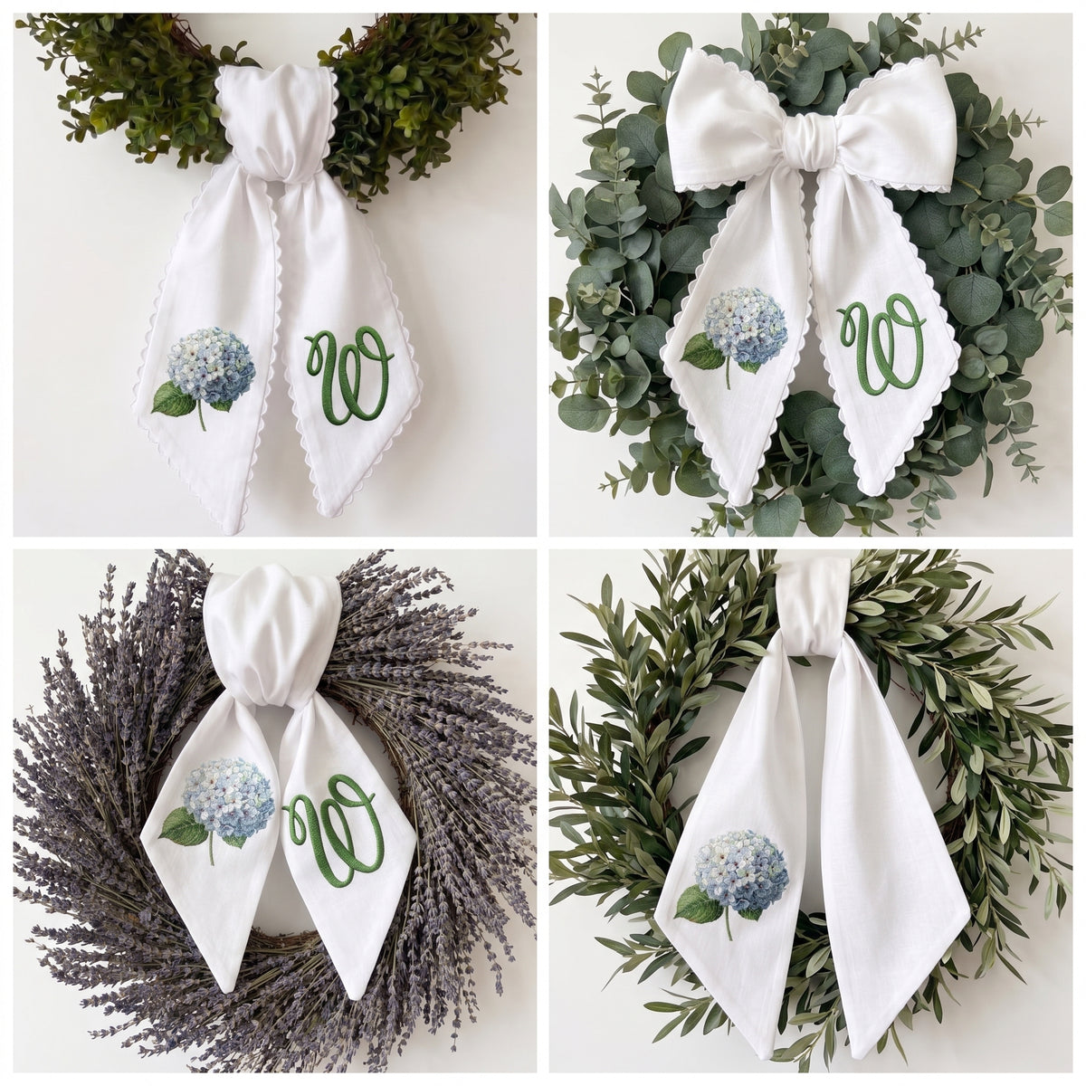 Embroidered Hydrangea Monogram Wreath Sash for Front Door, Flowers Personalized Initial Name, Monogramed Embroidered Ribbon with Adjustable Bow Knot Farmhouse Door Wreath Decor, Gift for Family Friends