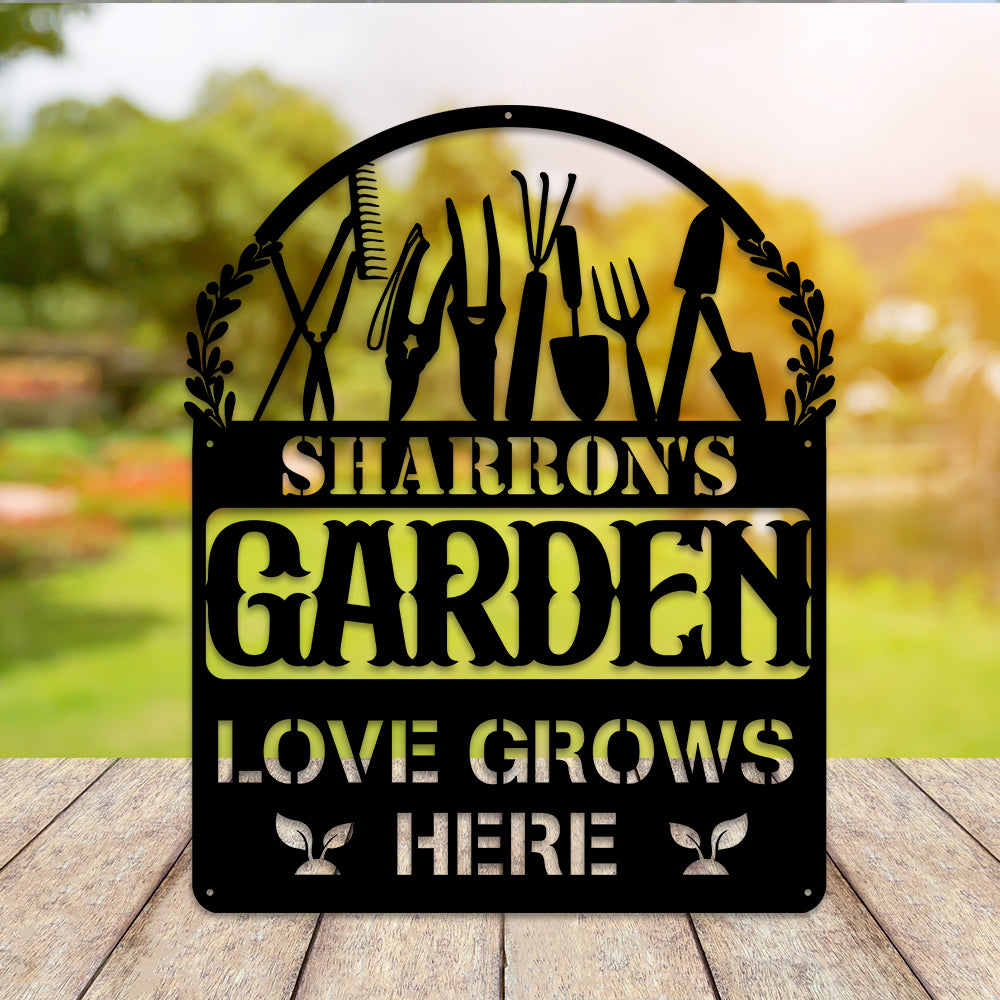 MeMate Garden Sign Outdoor Decor Love Grows Here, Personalized Metal Sign for Backyard, Patio, Garden Porch, Deck, Large Metal Sign