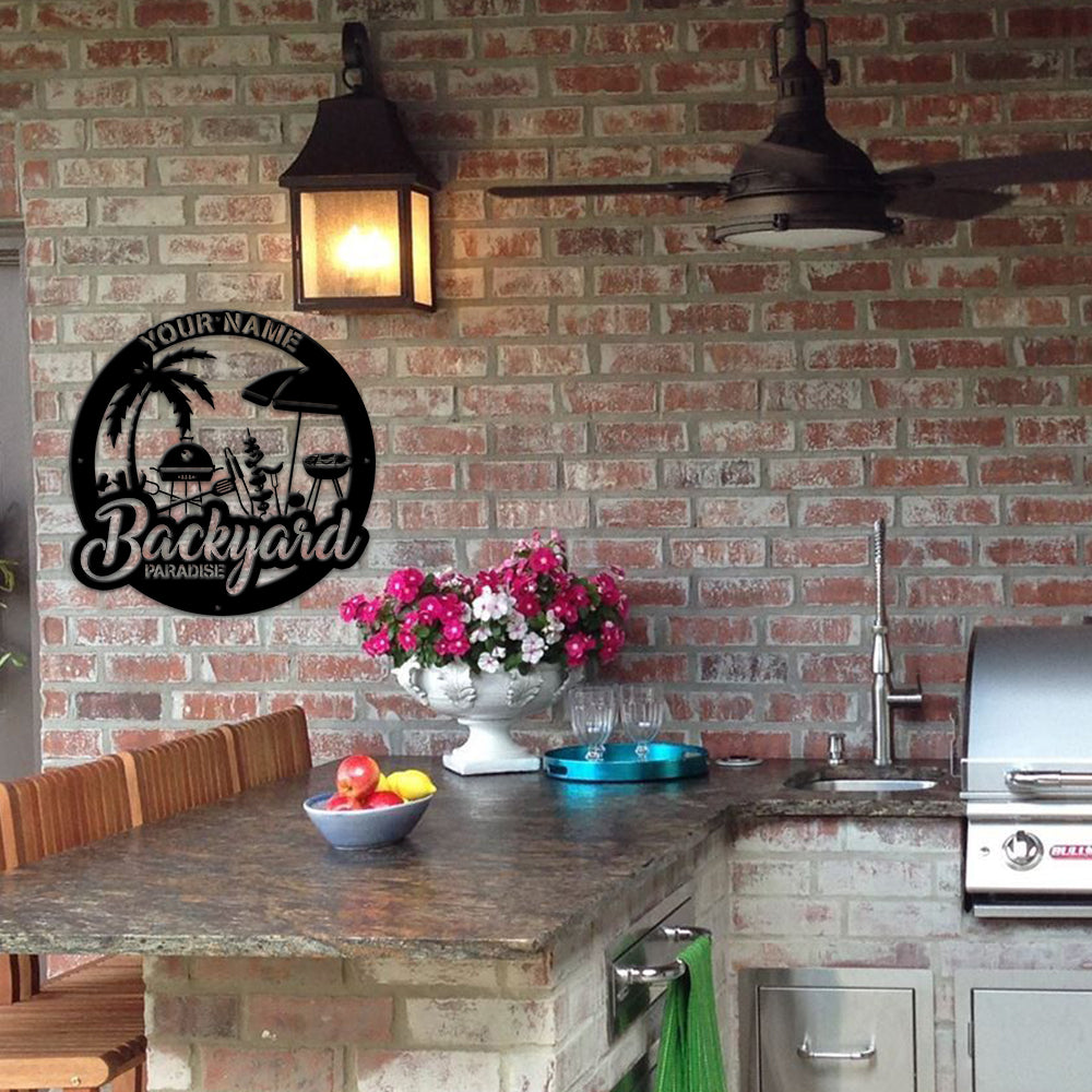 MeMate Metal Backyard Paradise Sign to Personalize, Personalized Backyard Metal Signs Kitchen Decor, Custom Name Outdoor Plaques