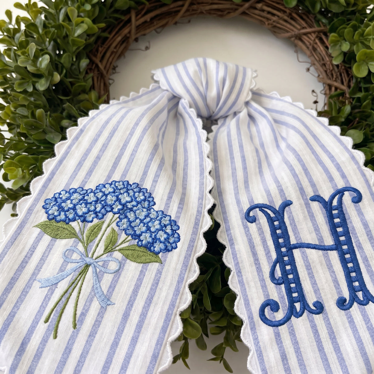 Personalized Hydrangea Wreath Sash 54x5, Embroidered Hydrangea Wreath Sash Bow, Monogram Door Decor, Spring Toile Front Door Bow, Embroidered Holiday Sash
