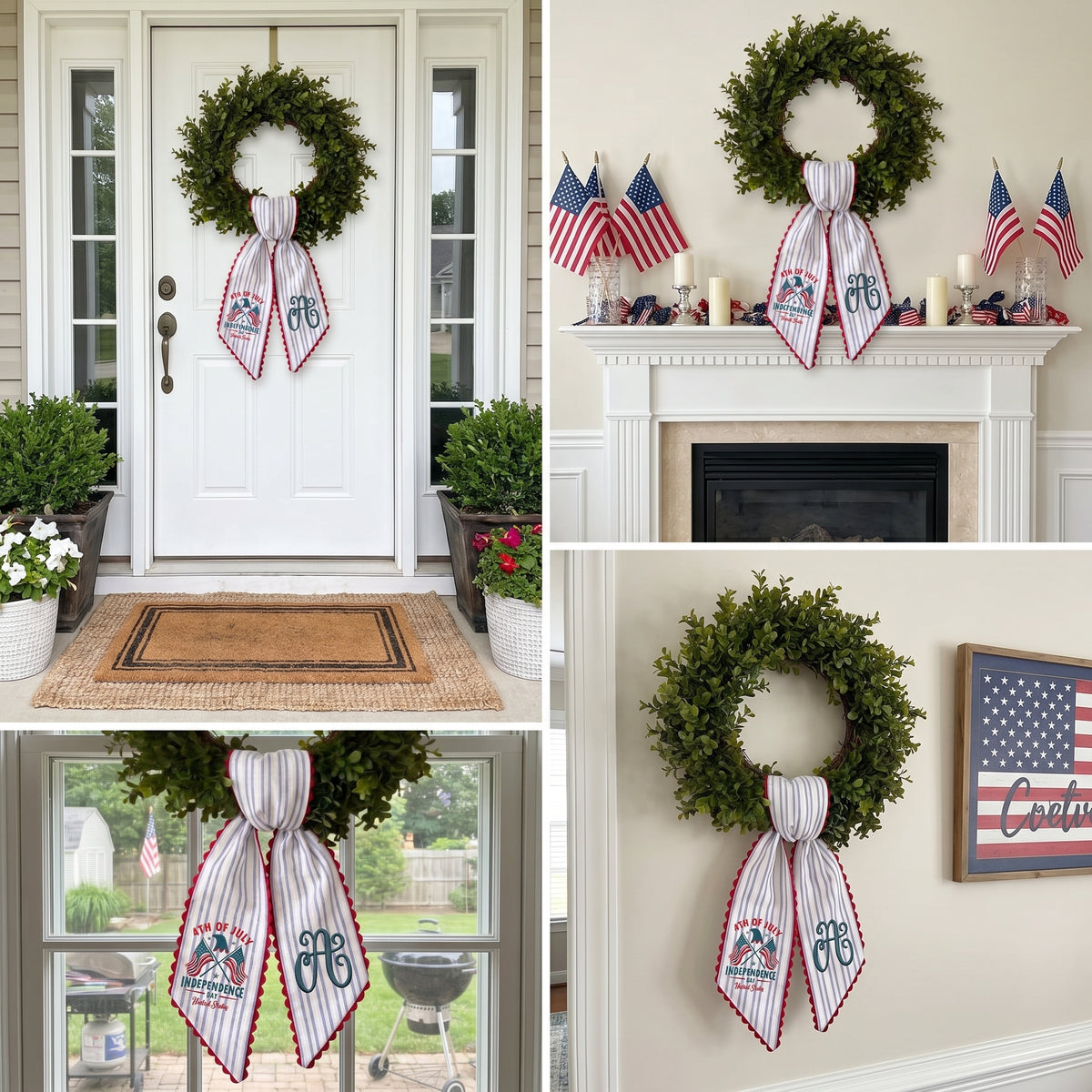 Personalized Embroidered American Flag Wreath Sash, Custom Monogram Door Sash, Monogram 4th of July Wreath Sash, American Flag Door Decor, 54x5 inches Sash