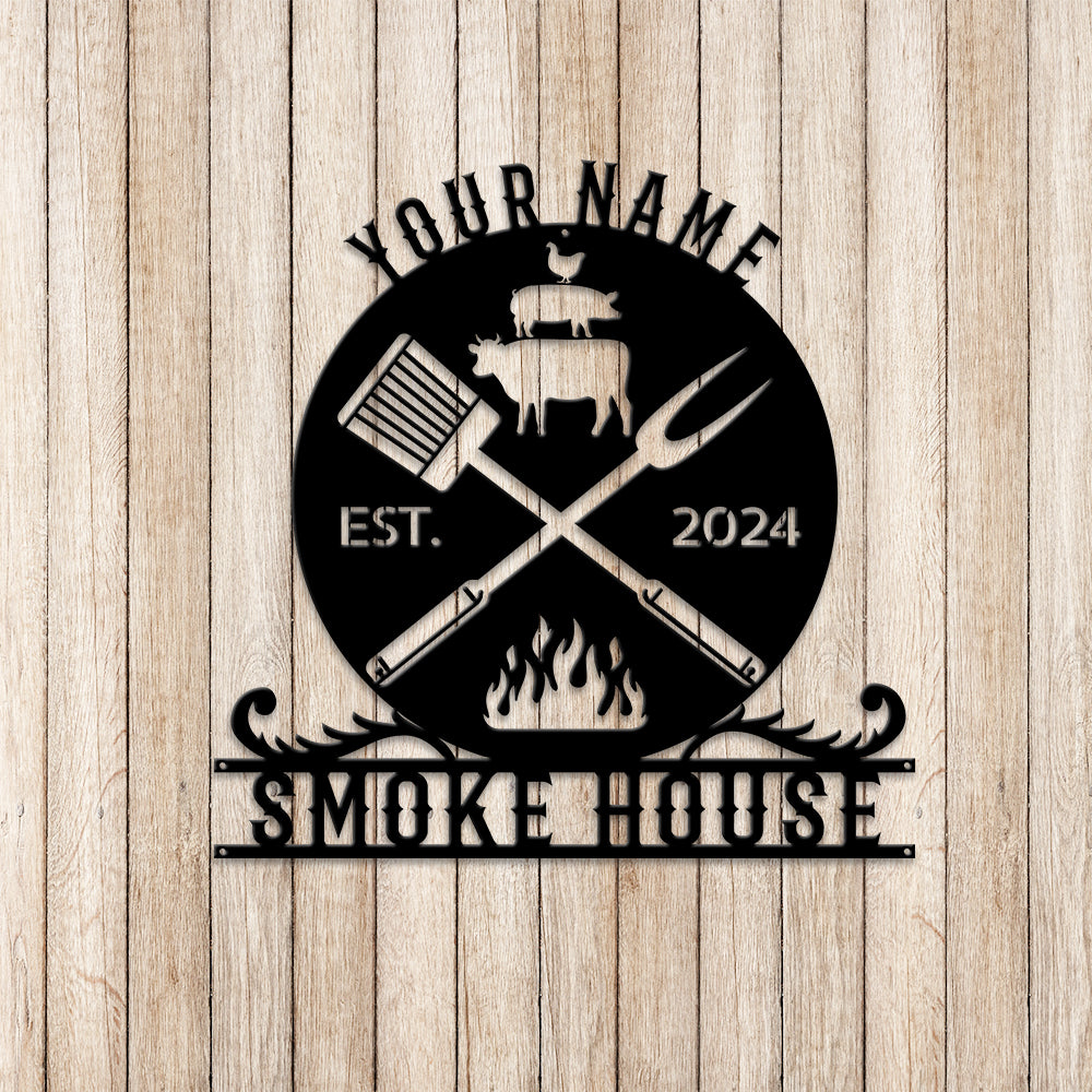 MeMate Smoke House Sign for Patio Decoration, BBQ Zone Patio Sign, Outdoor Decor, Personalized Metal BBQ Sign for Backyard, Custom Name Signs for Backyard, Large Metal Sign for Outside, Housewarming Gifts