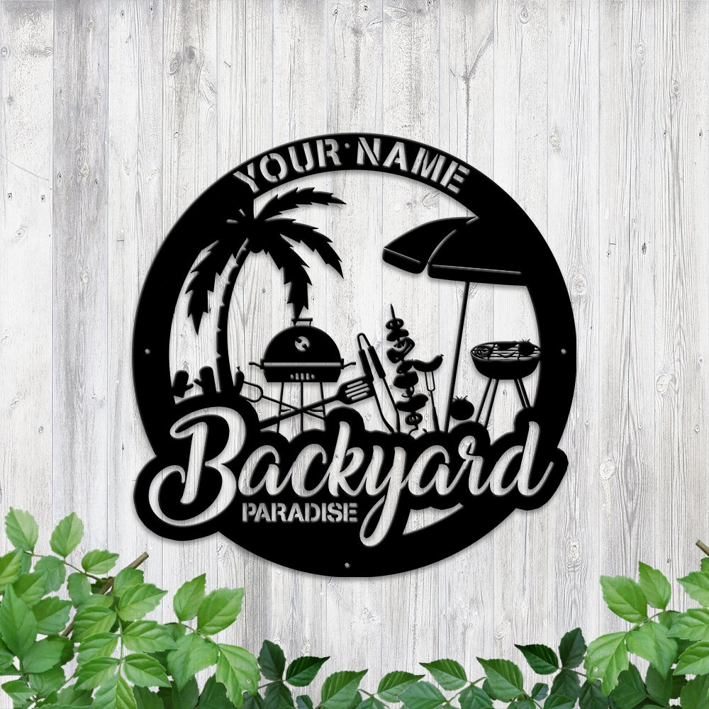 MeMate Metal Backyard Paradise Sign to Personalize, Personalized Backyard Metal Signs Kitchen Decor, Custom Name Outdoor Plaques