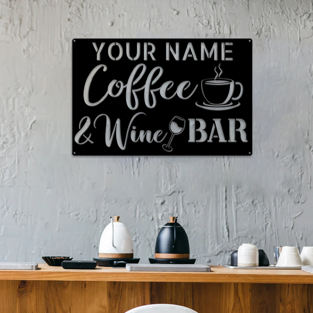 MeMate Coffee & Wine Bar Sign for Bar Decoration, Outdoor Bar Decor, Personalized Metal Sign for Coffee & Bar, Custom Name Signs for Coffee Bar, Large Metal Sign for Outside, Home Bar Gifts