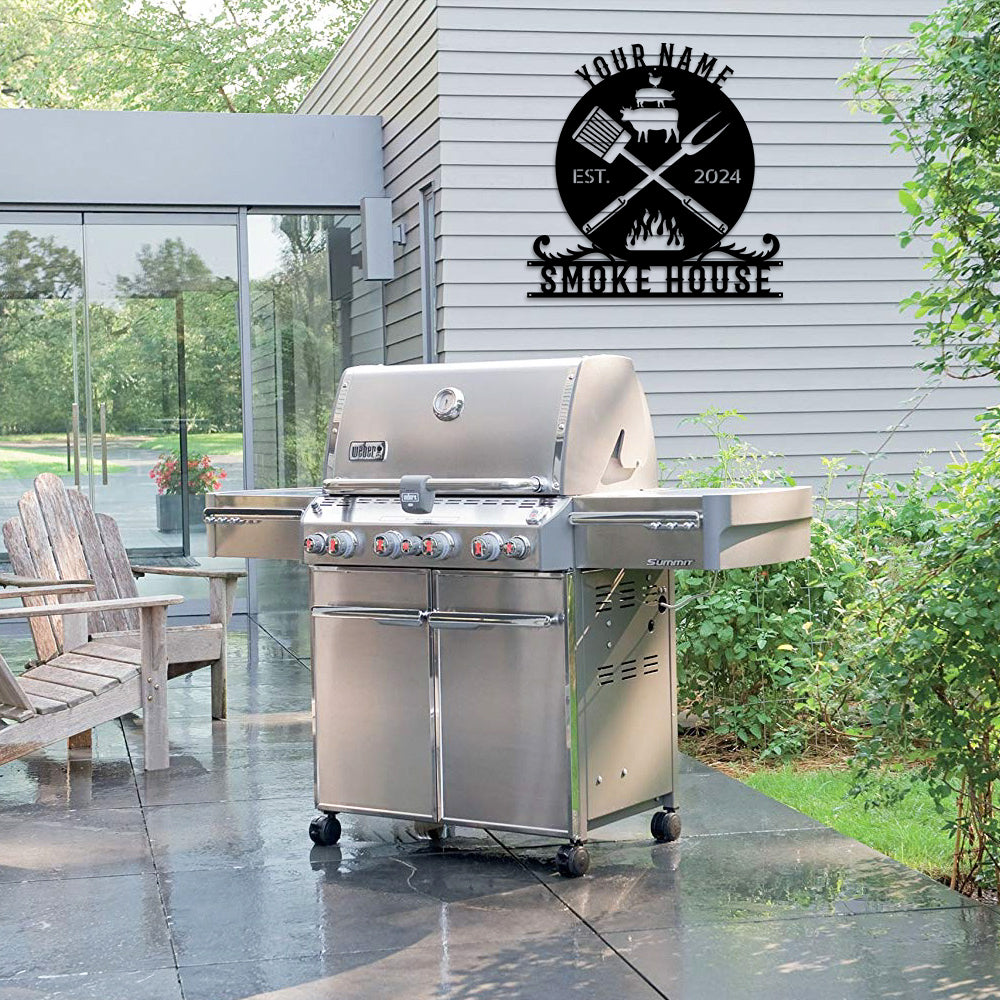 MeMate Smoke House Sign for Patio Decoration, BBQ Zone Patio Sign, Outdoor Decor, Personalized Metal BBQ Sign for Backyard, Custom Name Signs for Backyard, Large Metal Sign for Outside, Housewarming Gifts