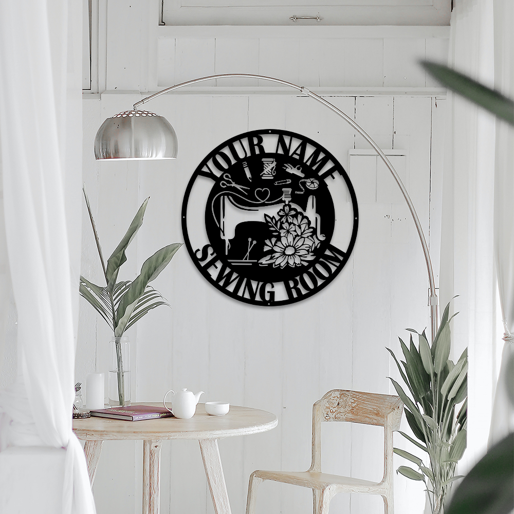 MeMate Sewing Room Sign 5 Sizes, Custom Craft Room Décor Metal Signs for Women, Retro Style Craft Room, Personalized Sewing Door Signs, Vintage Plaque for Sewing Room, Quilting Room Decoration (Round Flowers)