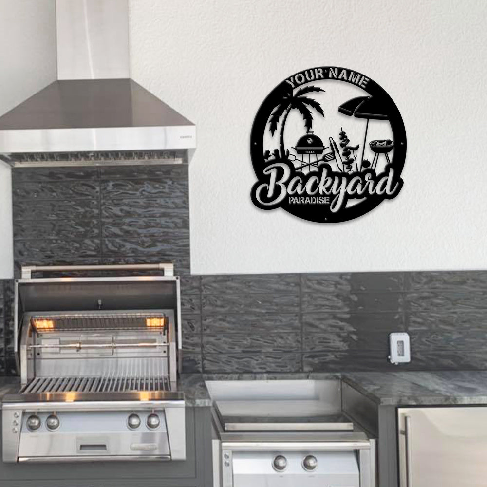 MeMate Metal Backyard Paradise Sign to Personalize, Personalized Backyard Metal Signs Kitchen Decor, Custom Name Outdoor Plaques