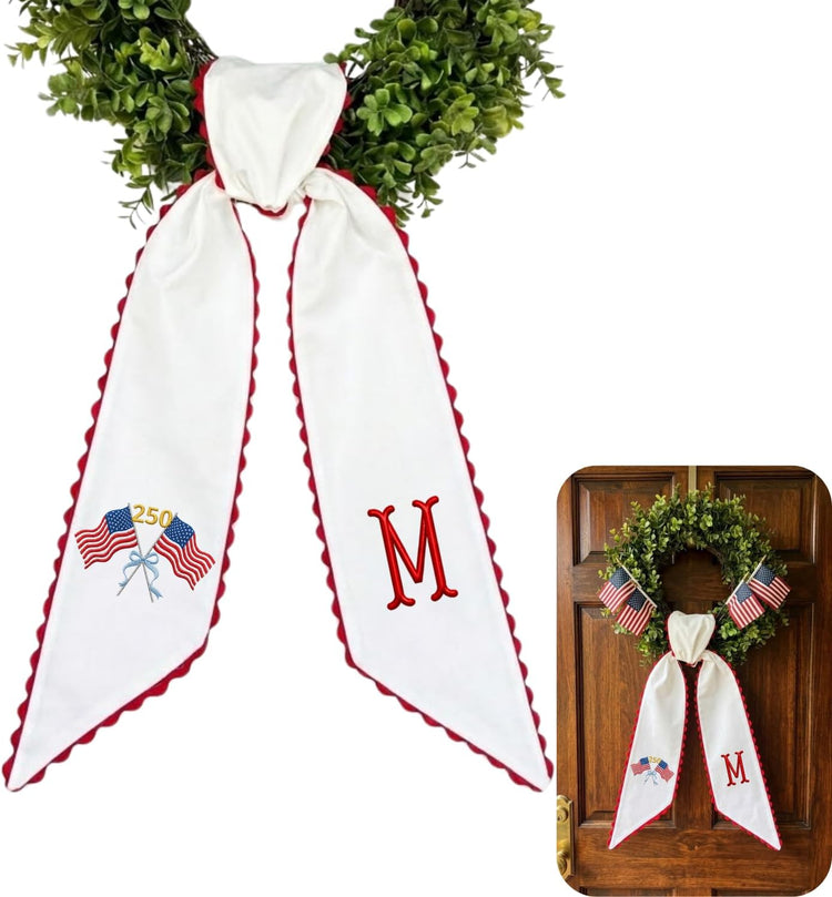 Patriotic Wreath Sash for Front Door, US Flag Door Wreath Decor, 54x5 in Personalized Initial Wreath Ribbon, Monogram Embroidered Sash for Holiday, 4th of July Wreath Sashes for Porch Deck