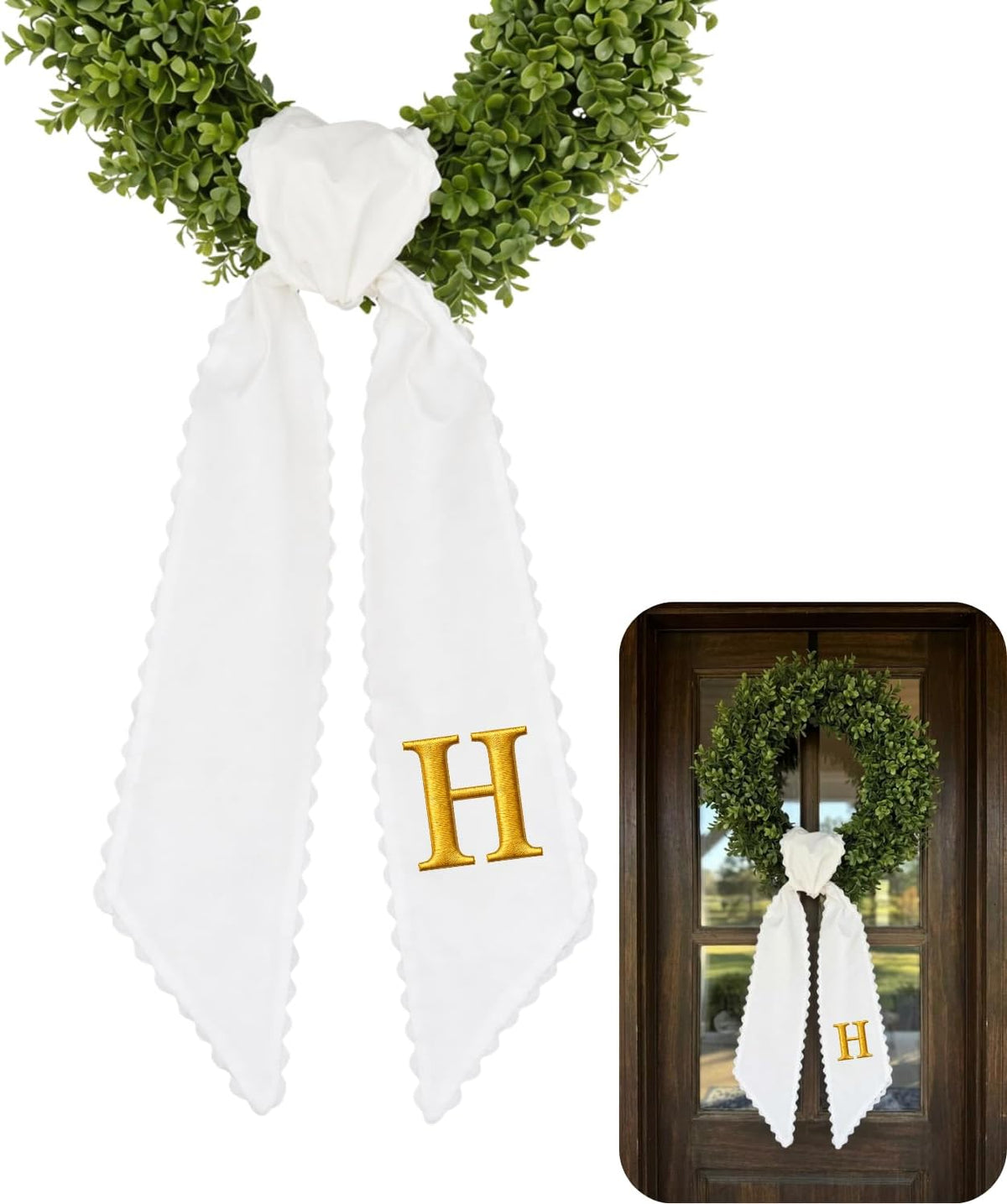 Monogram Wreath Sash Bow for Front Door, Personalized Initial Name, Wreath Ribbon with Adjustable Bow Knot Farmhouse Door Wreath Decor Monogram Embroidered Sash for Holiday, Wedding, Memorial, Housewarming Gift for Family Friends