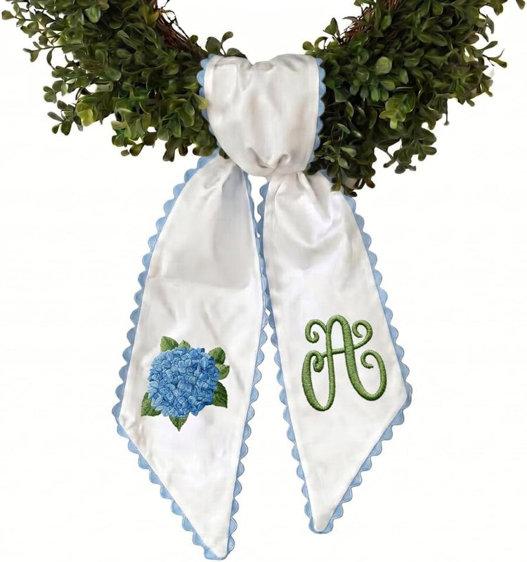 Blue Hydrangea Monogram Wreath Sash Bow for Front Door, Flowers Personalized Initial Name, Monogramed Embroidered Ribbon with Adjustable Bow Knot Farmhouse Door Wreath Decor, Gift for Family Friends