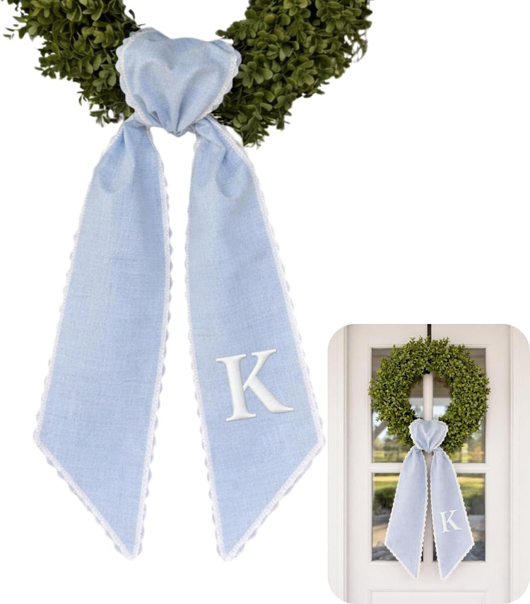Monogram Wreath Sash Bow for Front Door, Wreath Ribbon with Adjustable Bow Knot Farmhouse Door Wreath Decor Monogram Embroidered Sash for Holiday, Wedding, Memorial, Housewarming Gift for Family Friends