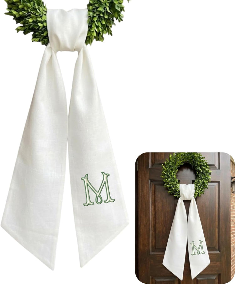 Monogram Wreath Sash Bow for Front Door, Wreath Ribbon with Adjustable Bow Knot Farmhouse Door Wreath Decor Monogram Embroidered Sash