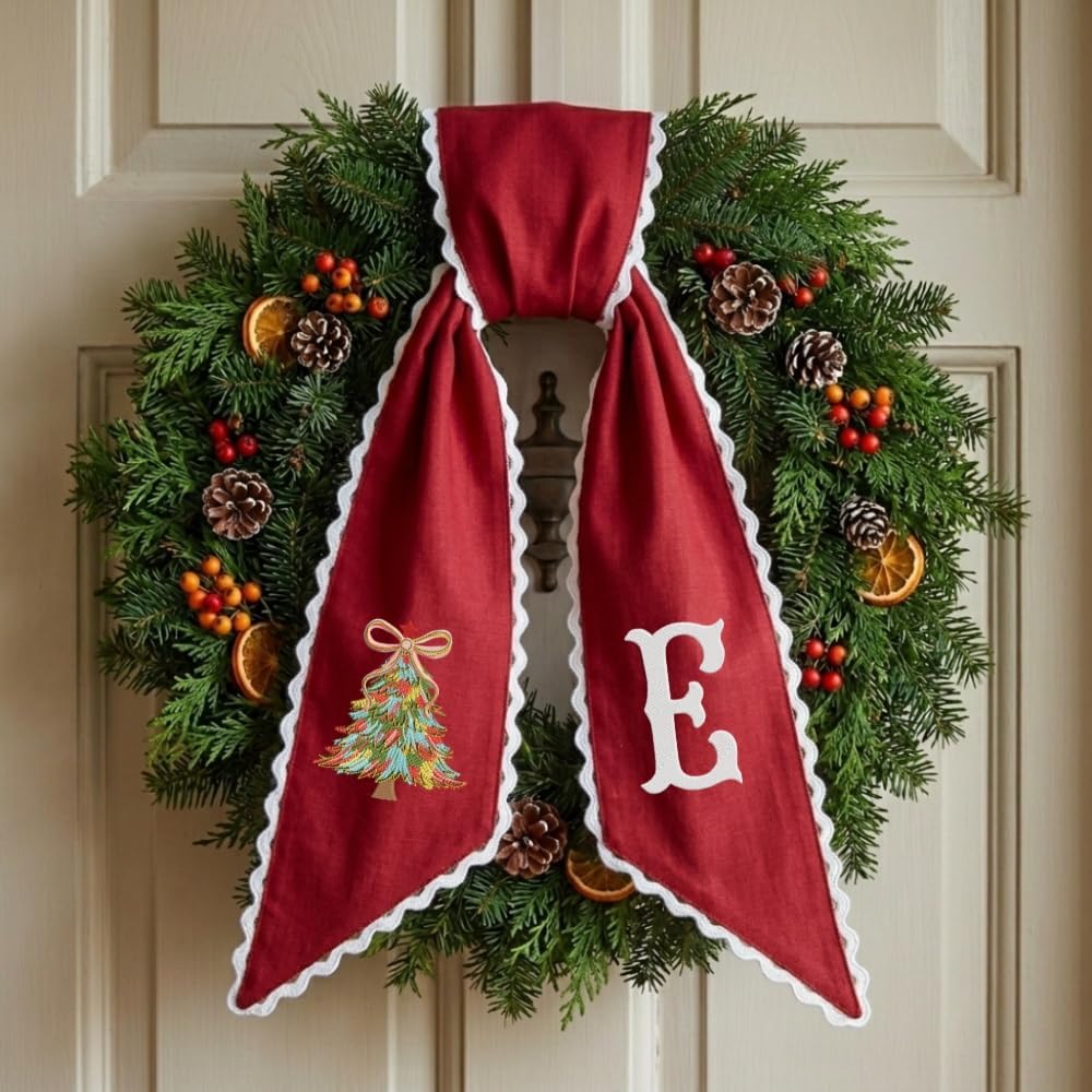 Personalized Christmas Wreath Sash, Custom Monogram Embroidery, 54x5 in - Colorful Christmas Tree — photo 1