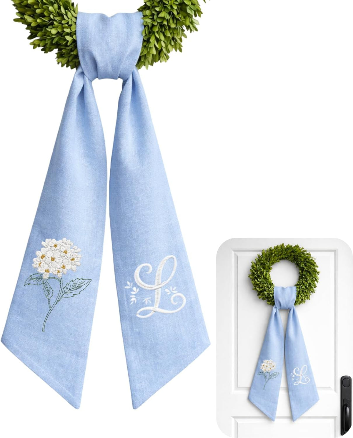 Monogram Wreath Sash Bow for Front Door, Hydrangea Wreath Ribbon with Adjustable Bow Knot Farmhouse Door Wreath Decor Monogram Embroidered Sash for Holiday,Wedding,Memorial