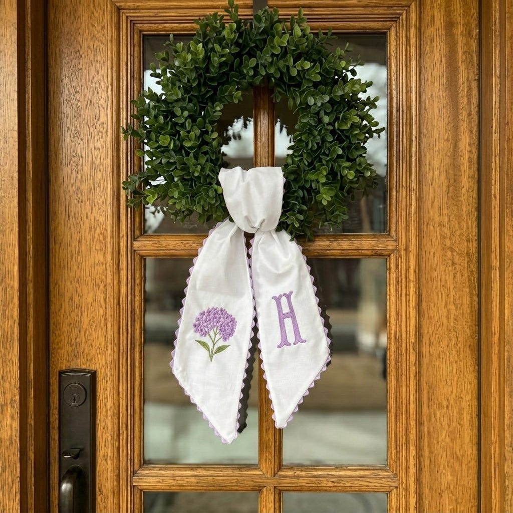 Personalized Hydrangea Wreath Sash 54x5, Embroidered Purple Hydrangea Wreath Sash Bow, Monogram Door Decor, Spring Front Door Bow, Embroidered Holiday Sash