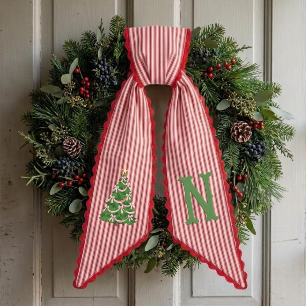 Personalized Christmas Wreath Sash, Custom Monogram Embroidery, 54x5 in - Ribbon & Christmas Tree — photo 3