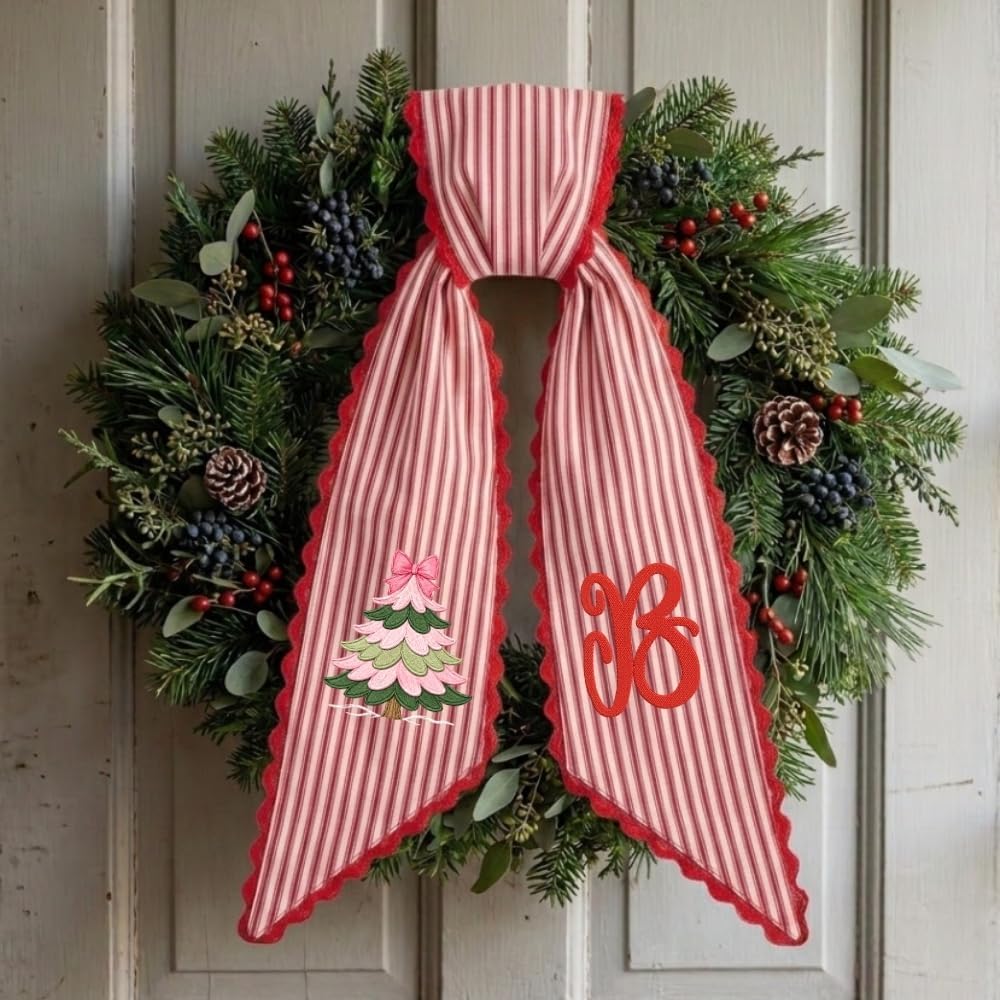 Personalized Christmas Wreath Sash, Custom Monogram Embroidery, 54x5 in - Pink Tree — photo 3