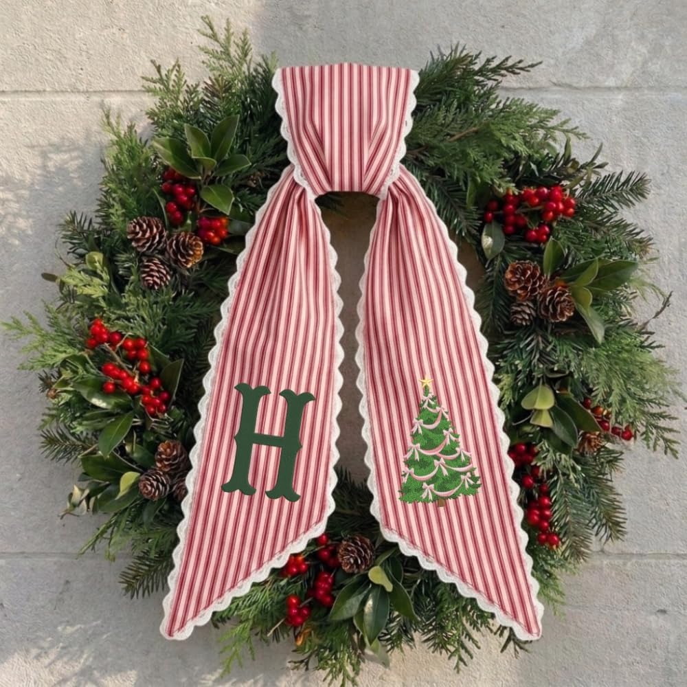 Personalized Christmas Wreath Sash, Custom Monogram Embroidery, 54x5 in - Ribbon & Christmas Tree — photo 4