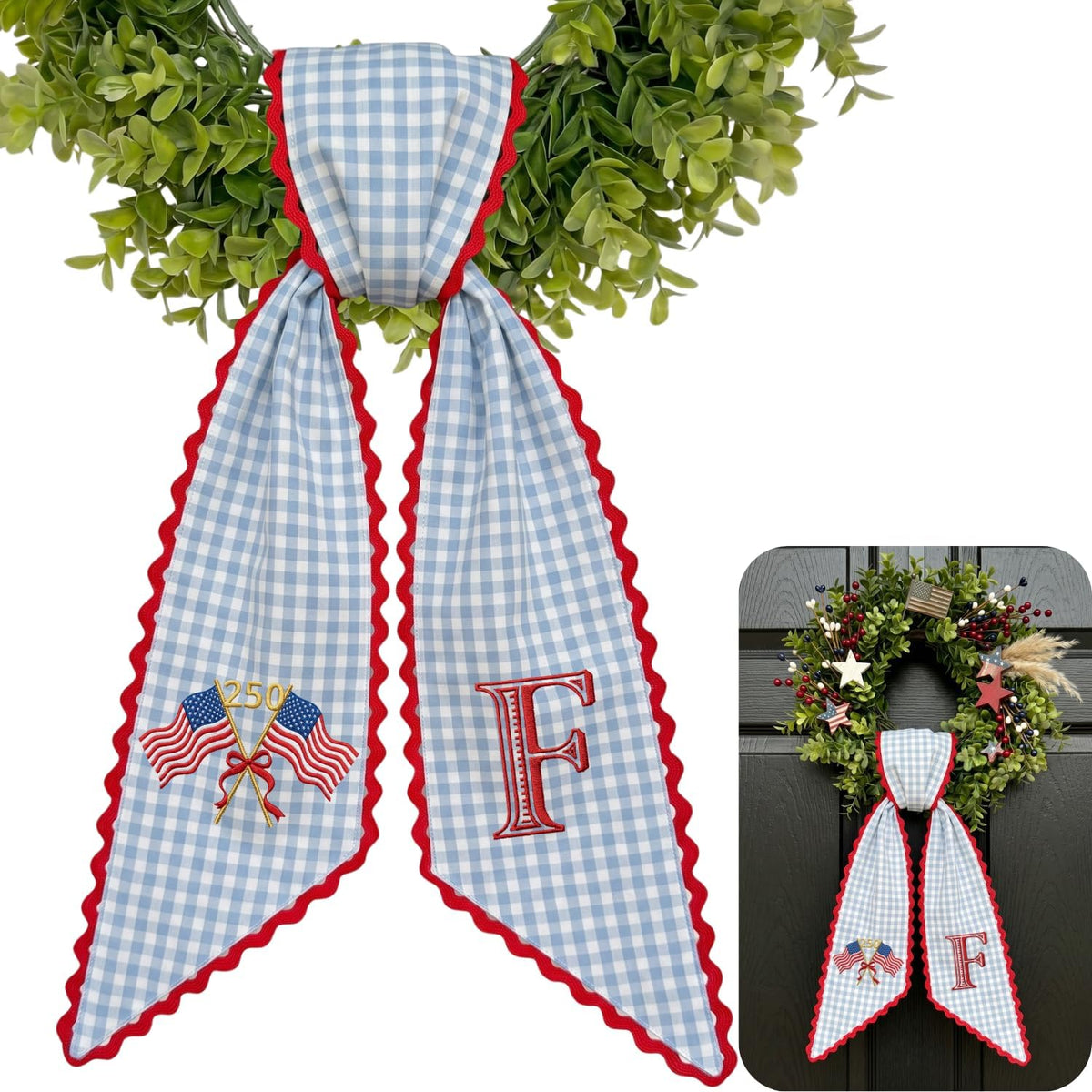 Personalized Embroidered American Flag Wreath Sash, Custom Monogram Door Sash, 54x5 inches Sash Monogram 4th of July Wreath Sash, American Flag Door Decor