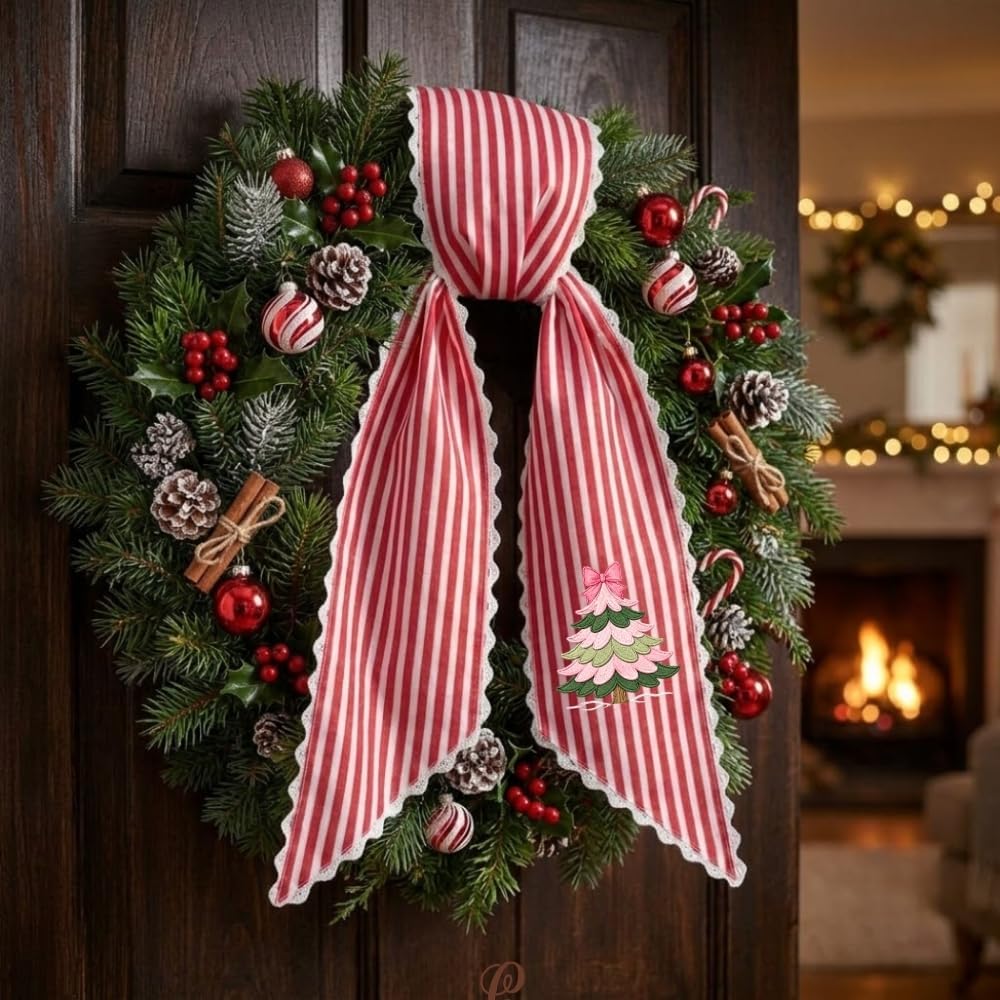 Personalized Christmas Wreath Sash, Custom Monogram Embroidery, 54x5 in - Pink Tree — photo 6