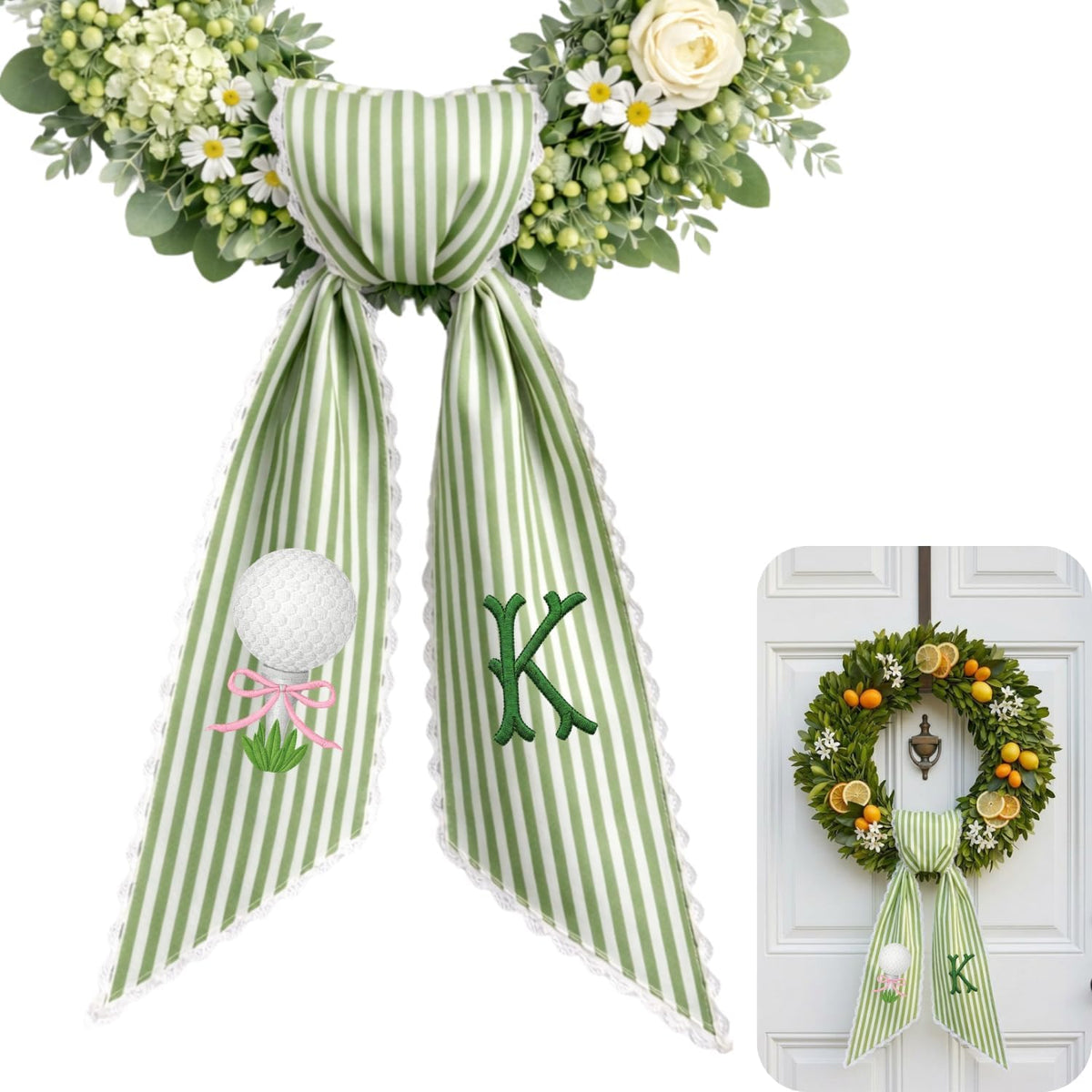 Monogram Wreath Sash Bow for Front Door, Personalized Initial Name, Golf Embroidered Ribbon with Adjustable Bow Knot Farmhouse Door Wreath Decor, Monogram Golf Sash