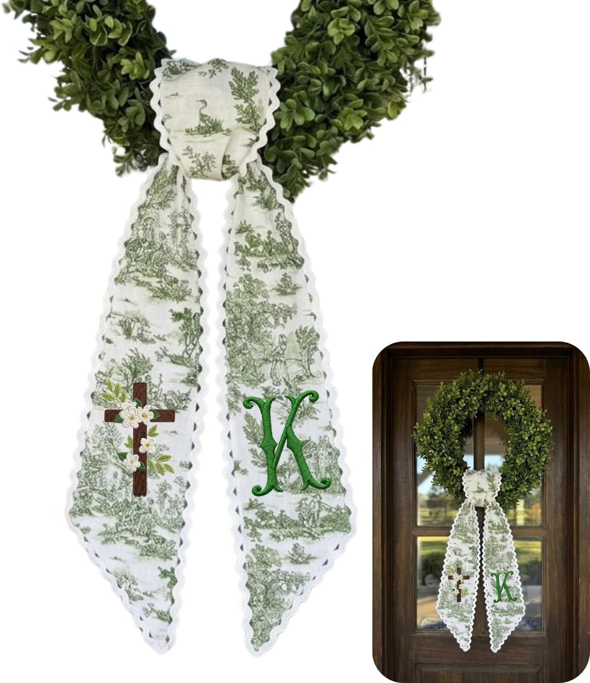 Personalized Cross Monogramed Wreath Sash 54x5, Embroidered Initial Wreath Sash Bow, Monogram Door Decor, Spring Toile Front Door Bow, Embroidered Holiday Sash