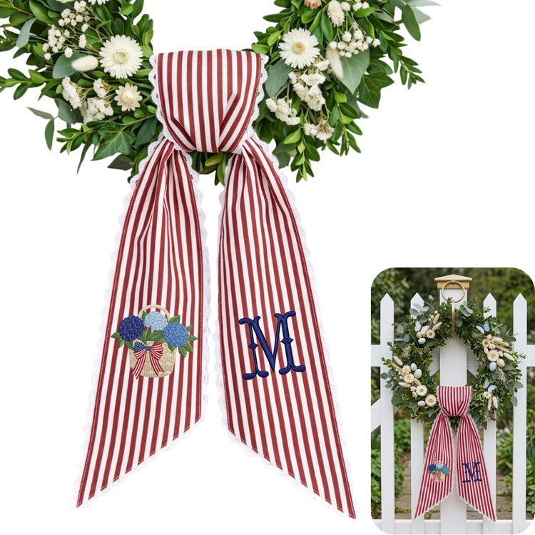 Monogram Wreath Sash Bow for Front Door, American Flag Embroidered Ribbon with Adjustable Bow Knot Farmhouse Door Wreath Decor, Monogram Hydrangea Sash for 4th of July