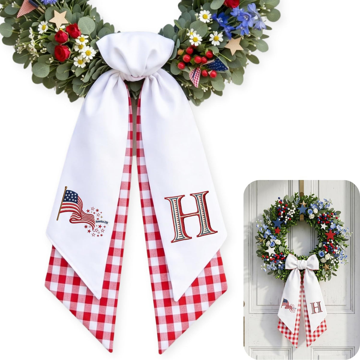 Patriotic Wreath Sash for Front Door, America 250 US Flag Door Wreath Decor, 54x5 in Personalized Initial Wreath Ribbon, Monogram Embroidered Sash for Holiday, 4th of July Wreath Sashes, Housewarming Gifts