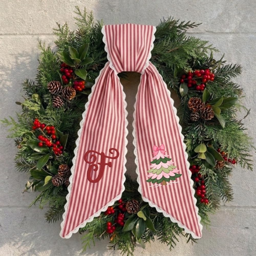 Personalized Christmas Wreath Sash, Custom Monogram Embroidery, 54x5 in - Pink Tree — photo 1