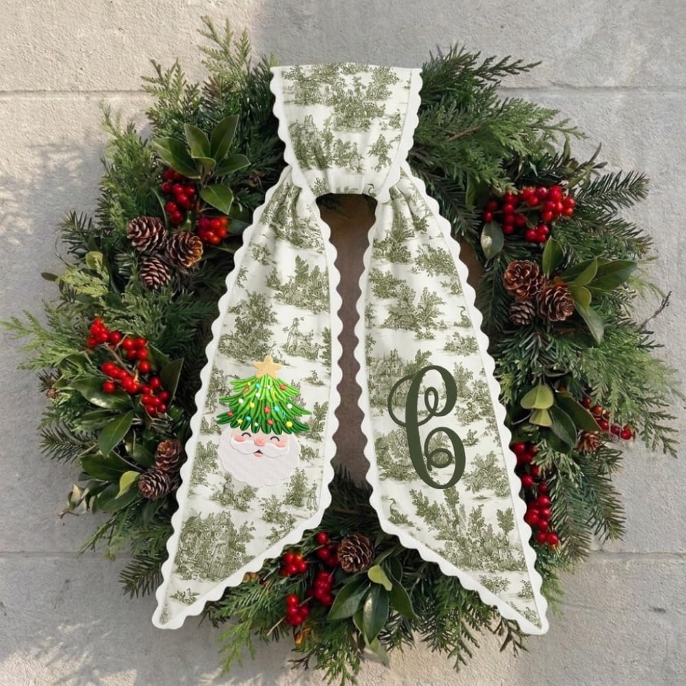 Personalized Christmas Wreath Sash, Custom Monogram Embroidery, 54x5 in - Santa Claus & Tree — photo 7