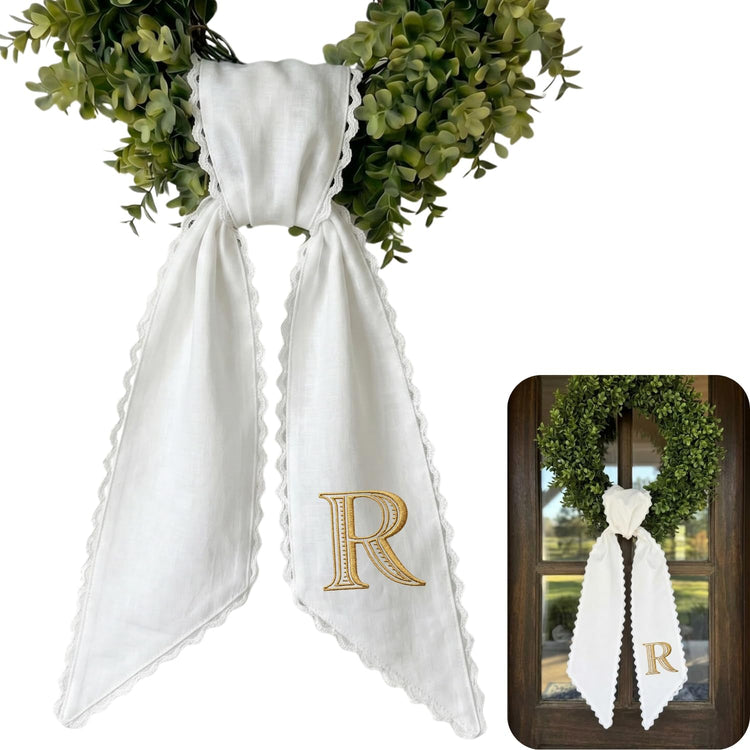 Personalized Monogram Wreath Sash Bow for Front Door, Wreath Ribbon with Adjustable Bow Knot Farmhouse Door Wreath Decor Monogram Embroidered Sash for Holiday, Wedding, Memorial, Housewarming Gift for Family Friends