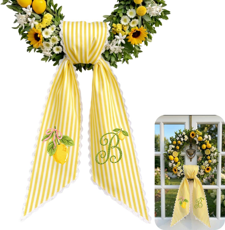 Summer Wreath Sash with Lemon, Monogram Wreath Sash for Front Door, Personalized Initial Name, Monogramed Embroidered Ribbon with Adjustable Bow Knot Farmhouse Door Wreath Decor, Gift for Family Friends