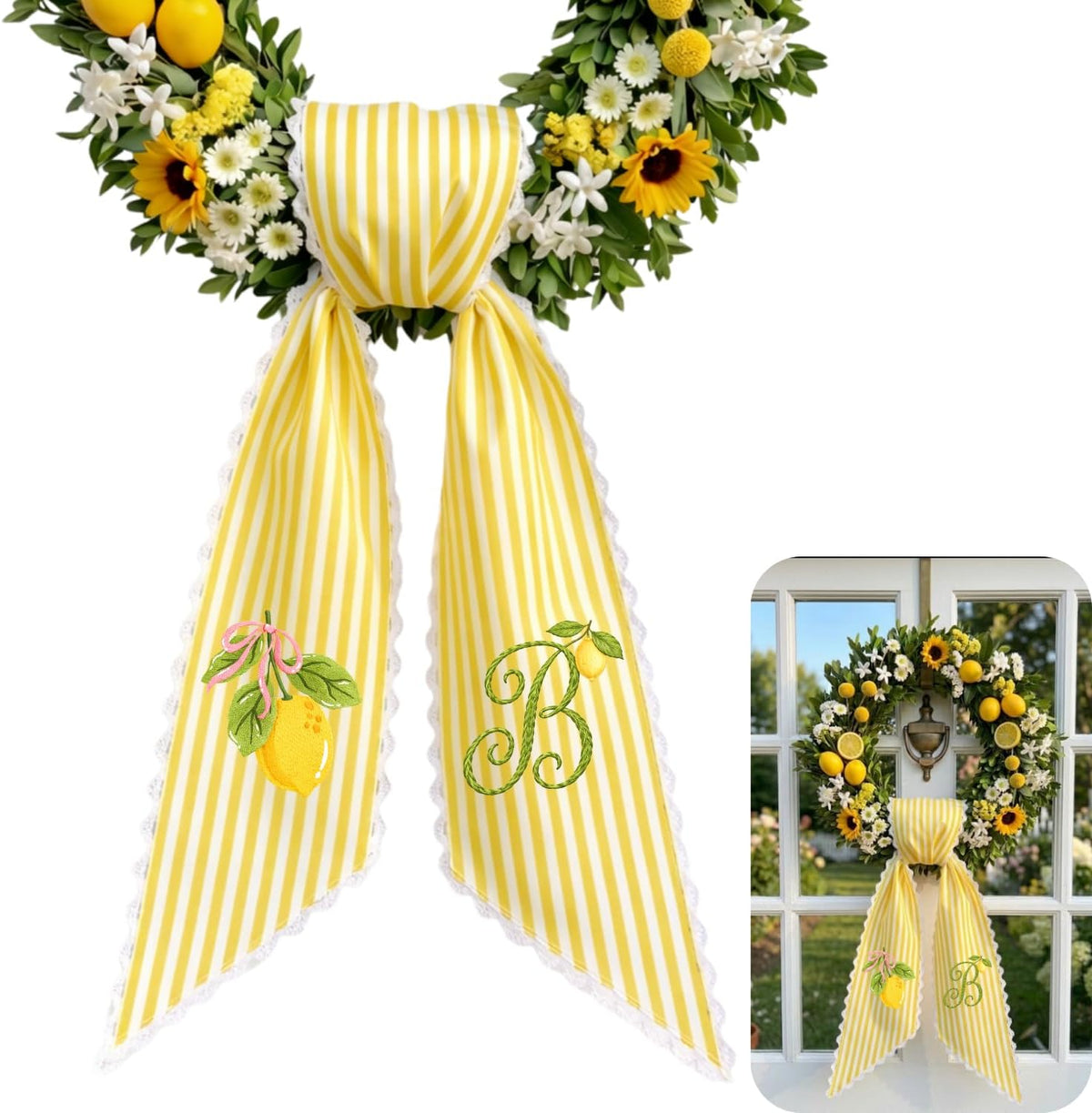 Summer Wreath Sash with Lemon, Monogram Wreath Sash for Front Door, Personalized Initial Name, Monogramed Embroidered Ribbon with Adjustable Bow Knot Farmhouse Door Wreath Decor, Gift for Family Friends