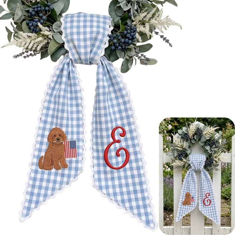 Patriotic Wreath Sash, Embroidered Poodle With American Flag Wreath Sash, Custom Monogram Door Sash, Monogram 4th of July Wreath Sash, American Flag Door Decor, 54x5 inches Sash
