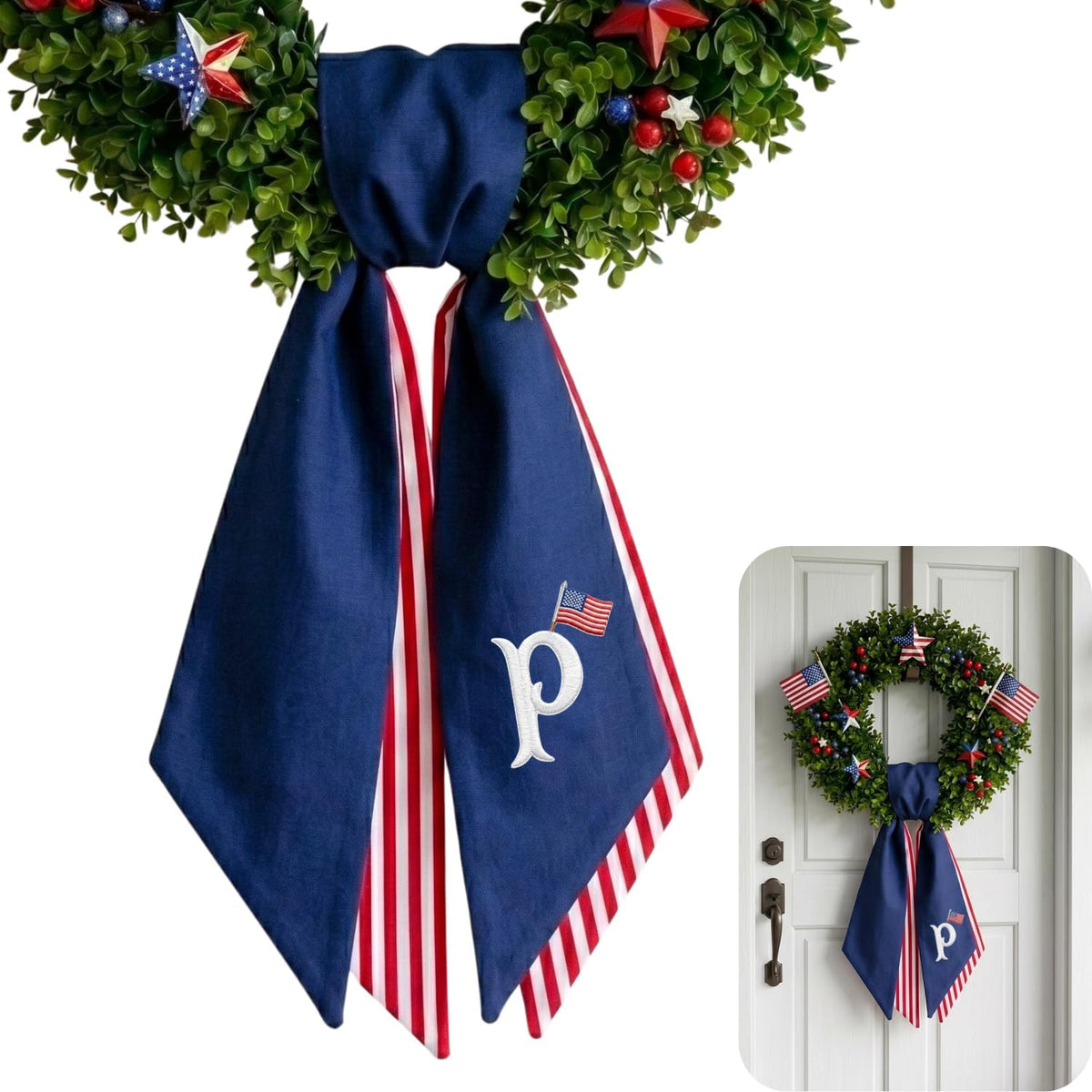 Patriotic Wreath Sash, Monogram Wreath Sash Bow for Front Door, Wreath Ribbon with Adjustable Bow Knot Farmhouse Door Wreath Decor Monogram Embroidered Sash for Holiday, Wedding, Memorial, Housewarming Gift for Family Friends
