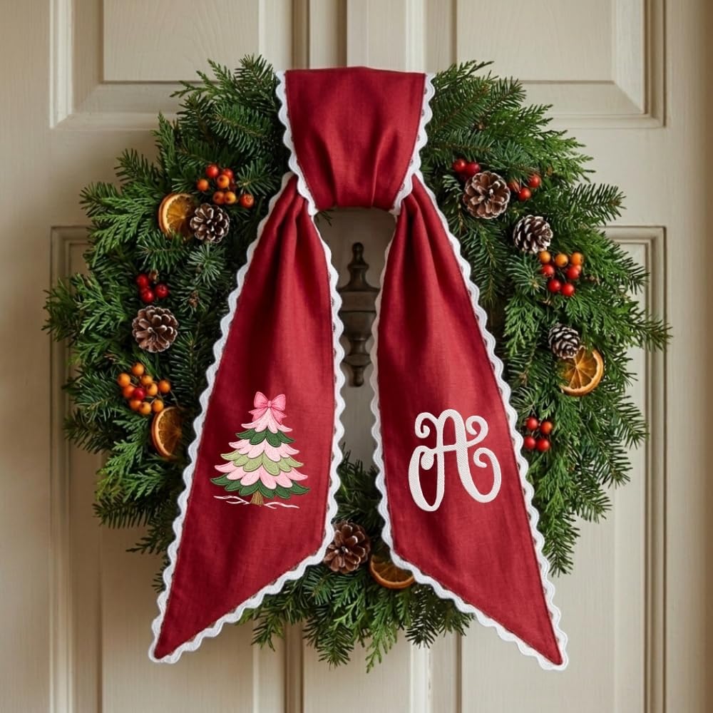Personalized Christmas Wreath Sash, Custom Monogram Embroidery, 54x5 in - Pink Tree — photo 4