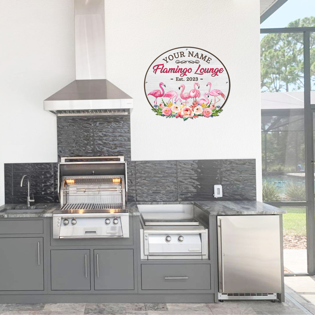 MeMate Flamingo House Metal Sign, Flamingo Lounge Signs, Flamingo House Outdoor Décor, Personalized Flamingo Tropical Sign, Flamingo Metal Sign Housewarming Gift for Family Friend