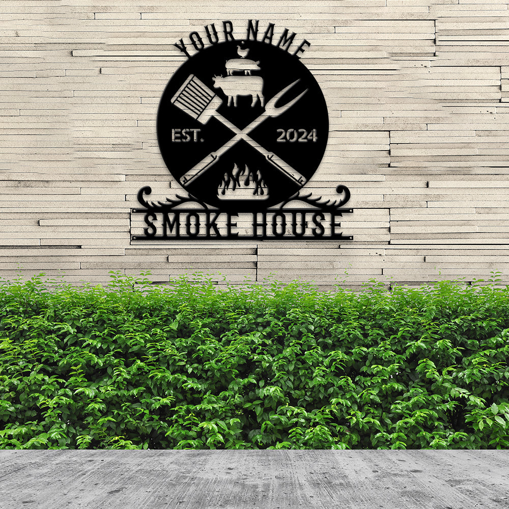 MeMate Smoke House Sign for Patio Decoration, BBQ Zone Patio Sign, Outdoor Decor, Personalized Metal BBQ Sign for Backyard, Custom Name Signs for Backyard, Large Metal Sign for Outside, Housewarming Gifts
